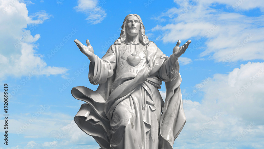 Fototapeta premium Sacred Heart Jesus Statue Against Blue Sky 3d render.