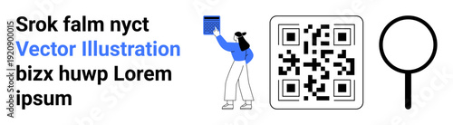QR code scanning, digital access, data analysis, modern search, electronic tools, online solutions. QR code with a magnifying glass and a person scanning. QR code scanning and digital access concepts