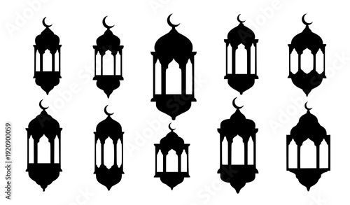 Black Ramadan Lantern Silhouettes with Crescent Moon Tops Isolated on White Background
