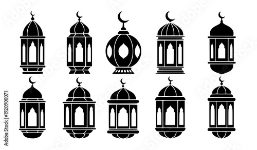 Islamic Black Lantern Silhouette Collection with Crescent Moon for Ramadan and Eid Design