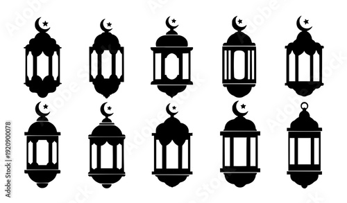 Minimal Black Ramadan Lantern Silhouettes with Crescent Moon Tops for Eid Decoration