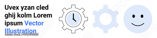 Mechanical processes, time management, productivity, software settings, automation, positivity. Gear with a clock, a cogwheel and a happy face. Time management and productivity concepts