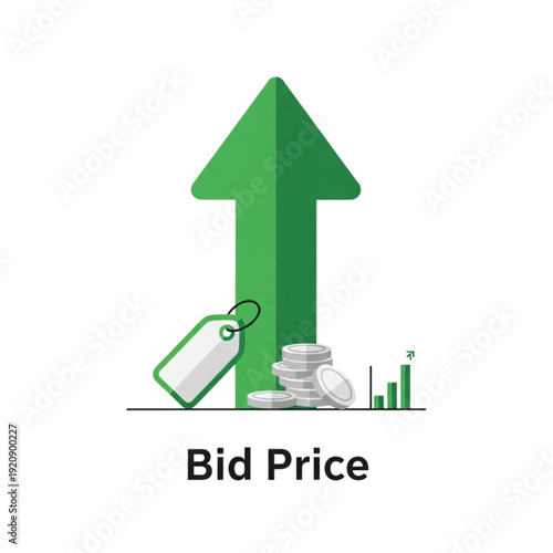 Increasing bid price with green arrow isolated on transparent background.