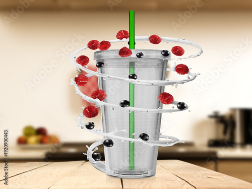 Transparent plastic cup with green straw on wooden table, surrounded by splashing milk and floating berries. Dynamic beverage concept with kitchen background blur, suitable for advertising, branding, 
