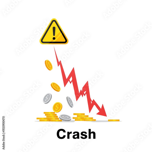 Financial crash with falling coins graph isolated on transparent background.