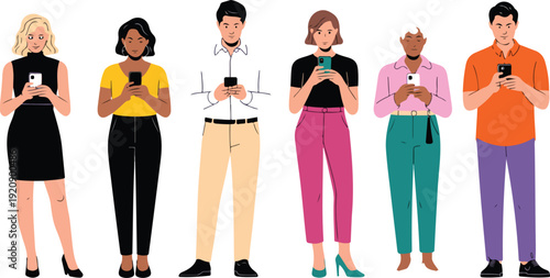 Diverse Business People Standing in Line Queue Side View with Gadgets Vector Illustration