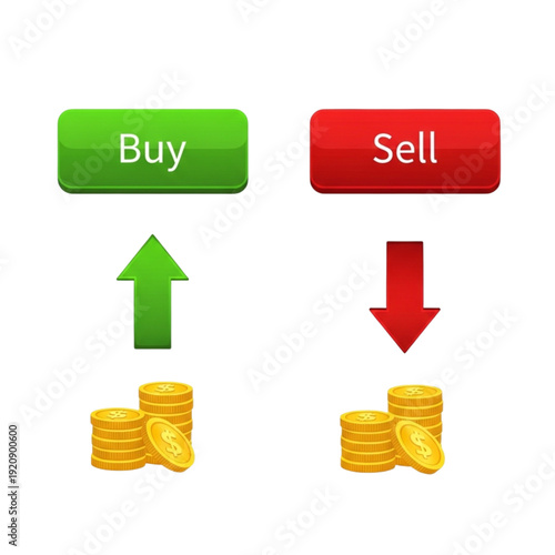 Green and red buy sell buttons isolated on transparent background.