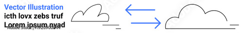 Cloud storage, data synchronization, file management, technology, cloud computing, online sharing. Two clouds connected by arrows. Cloud storage and data synchronization concept