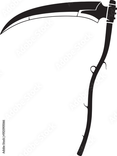 Black and white of a traditional sickle with a curved blade and wooden handle outline