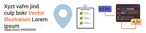 Web development, workflow organization, coding education, programming tools, task management, digital solutions. Location pin, checklist and code snippets. Workflow organization and web development