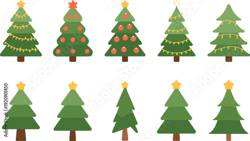 Christmas Tree Decoration Icon Set Ornaments, Stars, and Holiday Lights