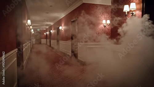 Thick smoke fills a dim hotel corridor, emergency atmosphere for fire safety training and evacuation planning, dramatic cinematic haze for horror and Halloween themes