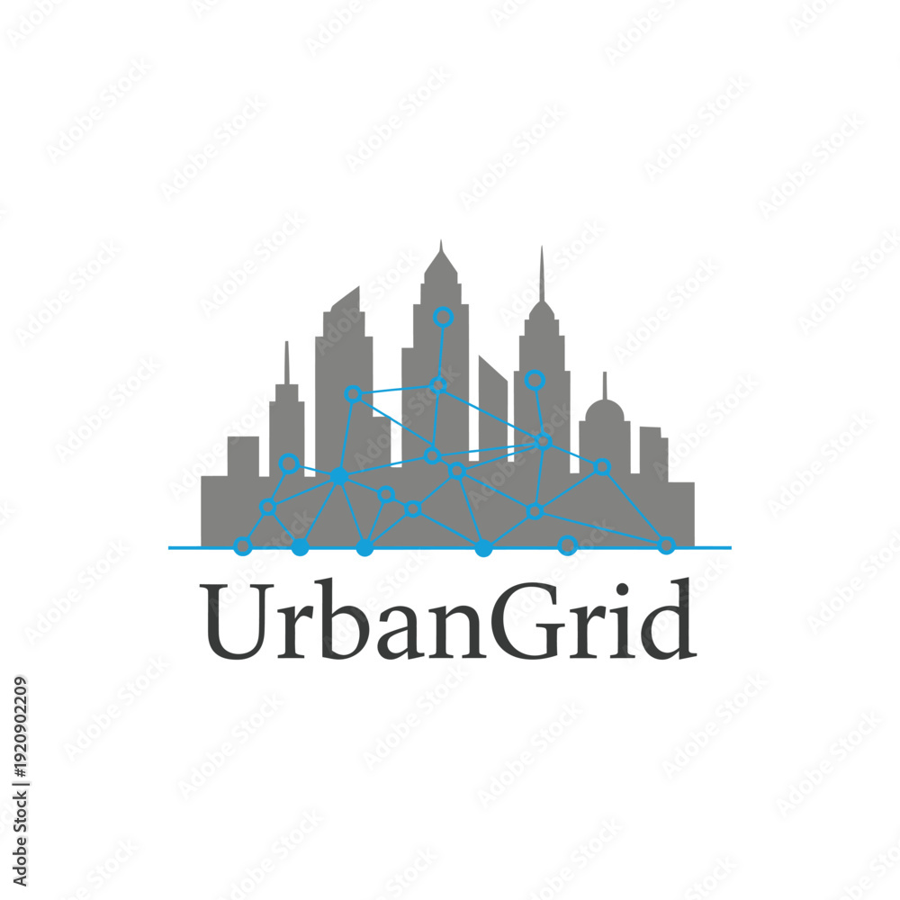 Naklejka premium Modern logo featuring a city silhouette connected by a network of lines and dots