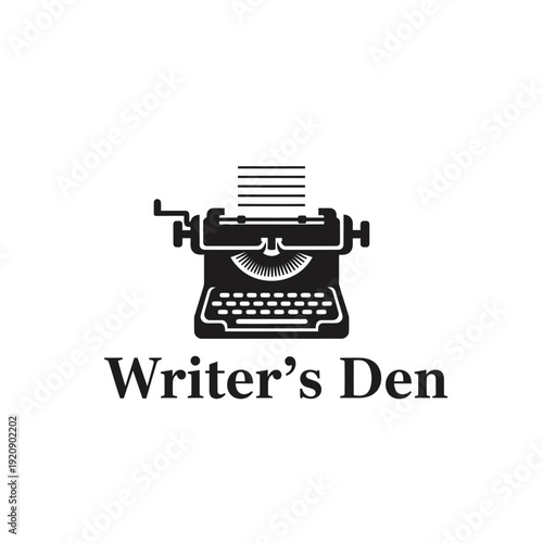 A black and white illustration shows a classic typewriter with paper and the words "Writer's Den" below
