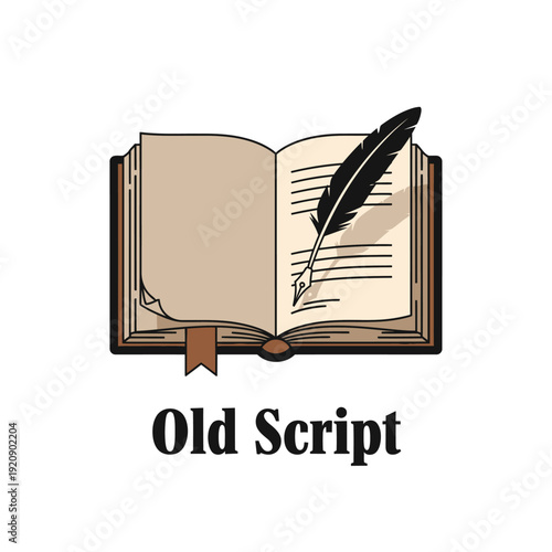 An open book, pages tan, a quill and feather pen, a bookmark, and text below