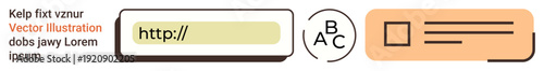 Technology, user interfaces, web design, software development, online navigation, digital tools. Minimal web elements include URL field, circular icon with ABC and a text box. Technology and user