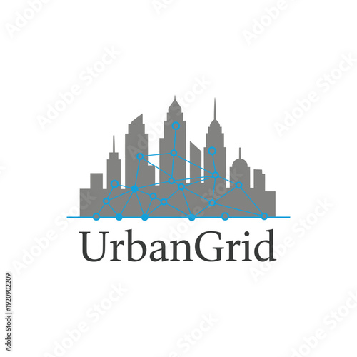 Modern logo featuring a city silhouette connected by a network of lines and dots
