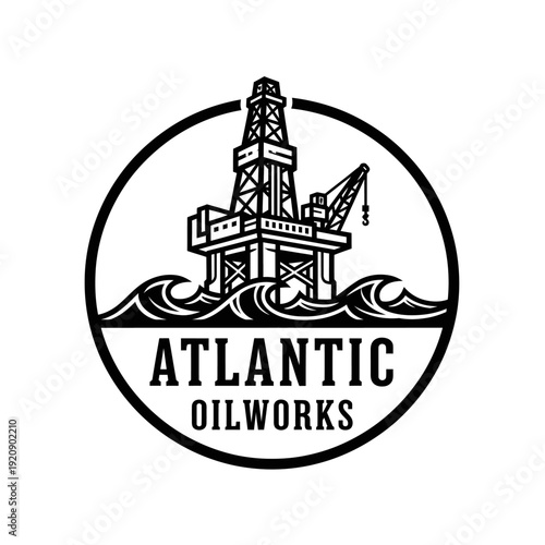 A black and white circular design of an offshore oil platform at sea