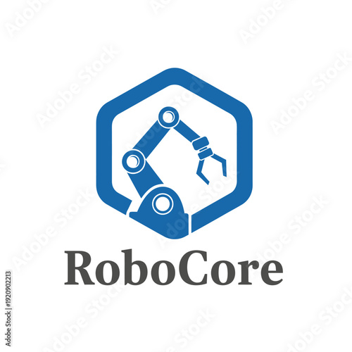 A blue robotic arm graphic within a hexagon, coupled with a two-word  underneath
