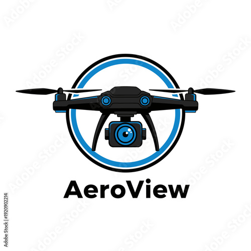 A black and blue drone design, centered in a circular frame, with "AeroView" text below