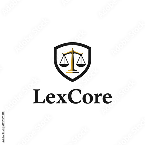 A black and gold scales of justice logo inside a shield, with a company name below