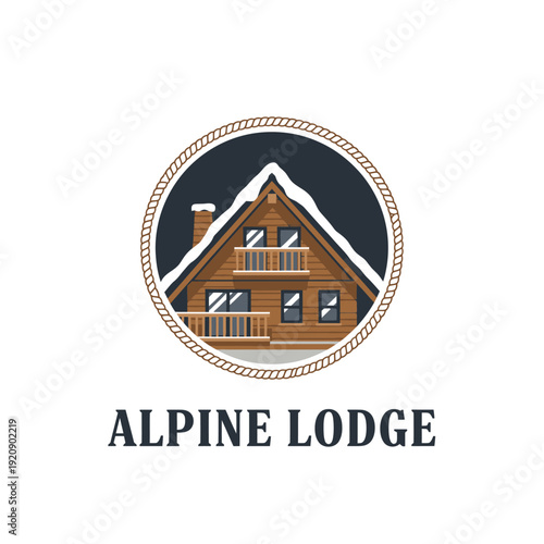 Stylized illustration of a wooden cabin in a circular frame, with "Alpine Lodge" beneath