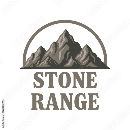 Stylized illustration of a mountain range within a semi-circular frame, text "STONE RANGE" below