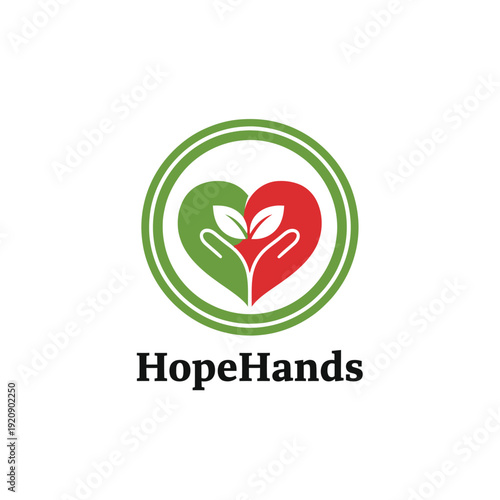 A logo featuring a heart composed of green and red hands, holding a plant. It has a circle frame