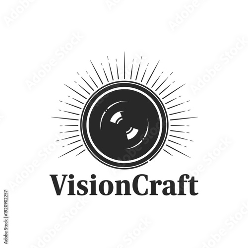 A monochrome illustration of a lens with radiating lines, suggesting light, paired with text below