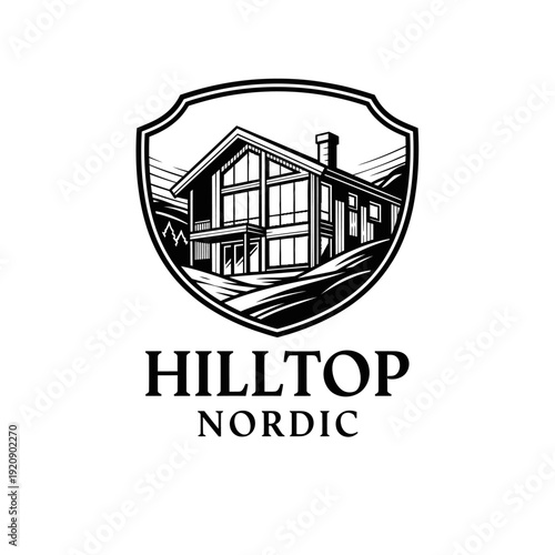 A monochrome illustration of a house nestled within a shield shape, with accompanying text below