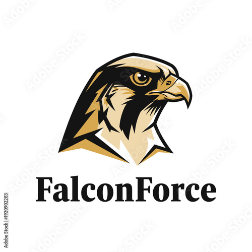 A regal bird's head in profile, featuring a sharp beak and intense gaze, rendered in gold and black