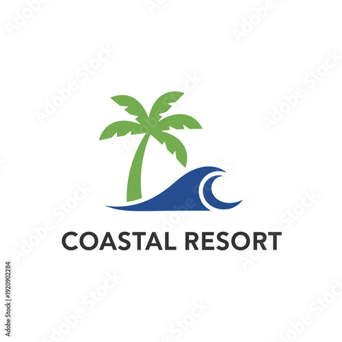 A logo design depicts a palm tree, a blue wave, and the words "Coastal Resort" on a white background