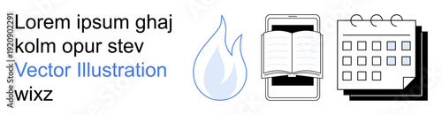 Education, digital learning, scheduling, planning, mobile apps, water conservation. A smartphone, open book water drop and calendar. Education and digital learning for versatile communication