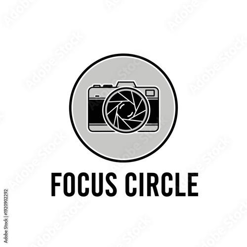 A grayscale icon of a camera inside a circle, with a bold text, all on white