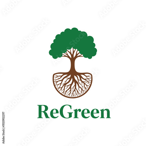 A logo design features a tree with visible roots and green leaves, accompanied by the word "ReGreen.