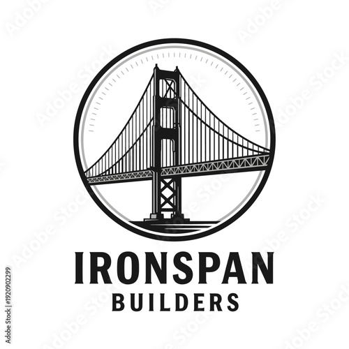 A black and white illustration of a suspension bridge with details inside a circle, with text below