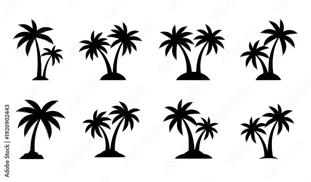 Obraz premium Black Coconut Tree Icon Collection – Tropical Palm Silhouette Set on White Background