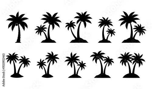 Black Coconut Palm Tree Silhouettes – Tropical Island Icon Pack for Nature and Wellness Design
