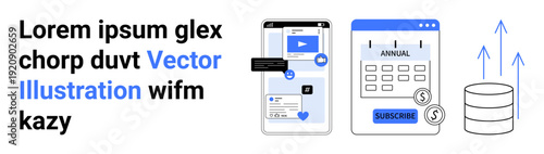 Online payments, subscription plans, data management, digital tools, e-commerce, analytics. Smartphone interface, calendar with subscribe button and data flow icons. Online payments and subscription