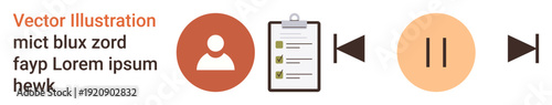 User interface design, task organization, media control, workflow automation, digital interaction, technology. User icon, clipboard and media player buttons. User interface design and task