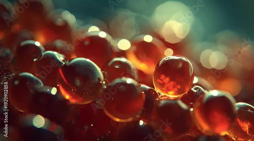 Close-up of shiny red liquid droplets reflecting light in a dense cluster, viewed from a slightly elevated angle