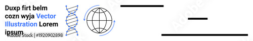 Science, technology, global connectivity, DNA research, data analysis, education. Visual of a DNA strand, a globe icon and text. Science and technology concept for education and research