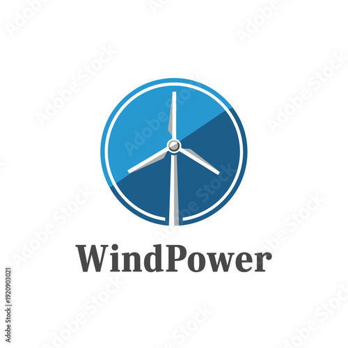 A circular logo depicting a wind turbine inside a blue and dark blue circle, with text underneath