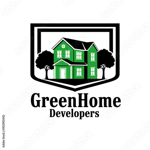 A green two-story house with black roof, trees, and shield shape frame. Text below