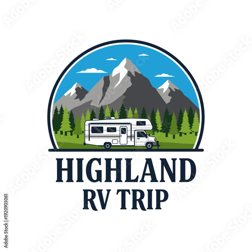 A white recreational vehicle is parked in front of mountains with pine trees, under a blue sky