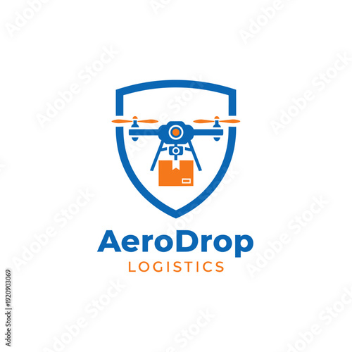 Drone delivery logo, featuring a drone inside a blue shield, with package, and the word 'Logistics' below