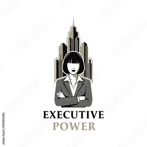 Stylized image of a woman in a suit, arms crossed, with a city skyline backdrop, and text