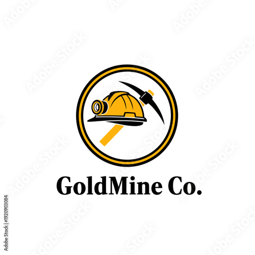 A mining themed logo displaying a yellow helmet with a light, a pickaxe, and a circle outline