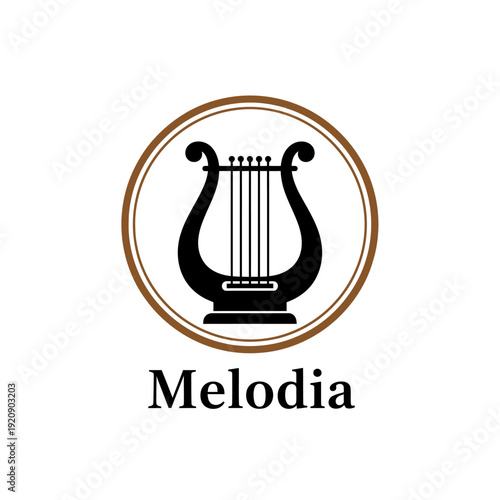 A black and brown circular emblem containing a harp, name "Melodia," and simple lines
