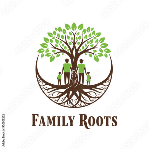 Illustration depicts a family beneath a tree with roots, signifying family connections and growth